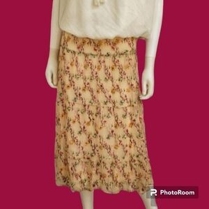 YOUNG AT HEART 1990s Fairycore Cream Lace Panel Embroidered Floral Midi Skirt